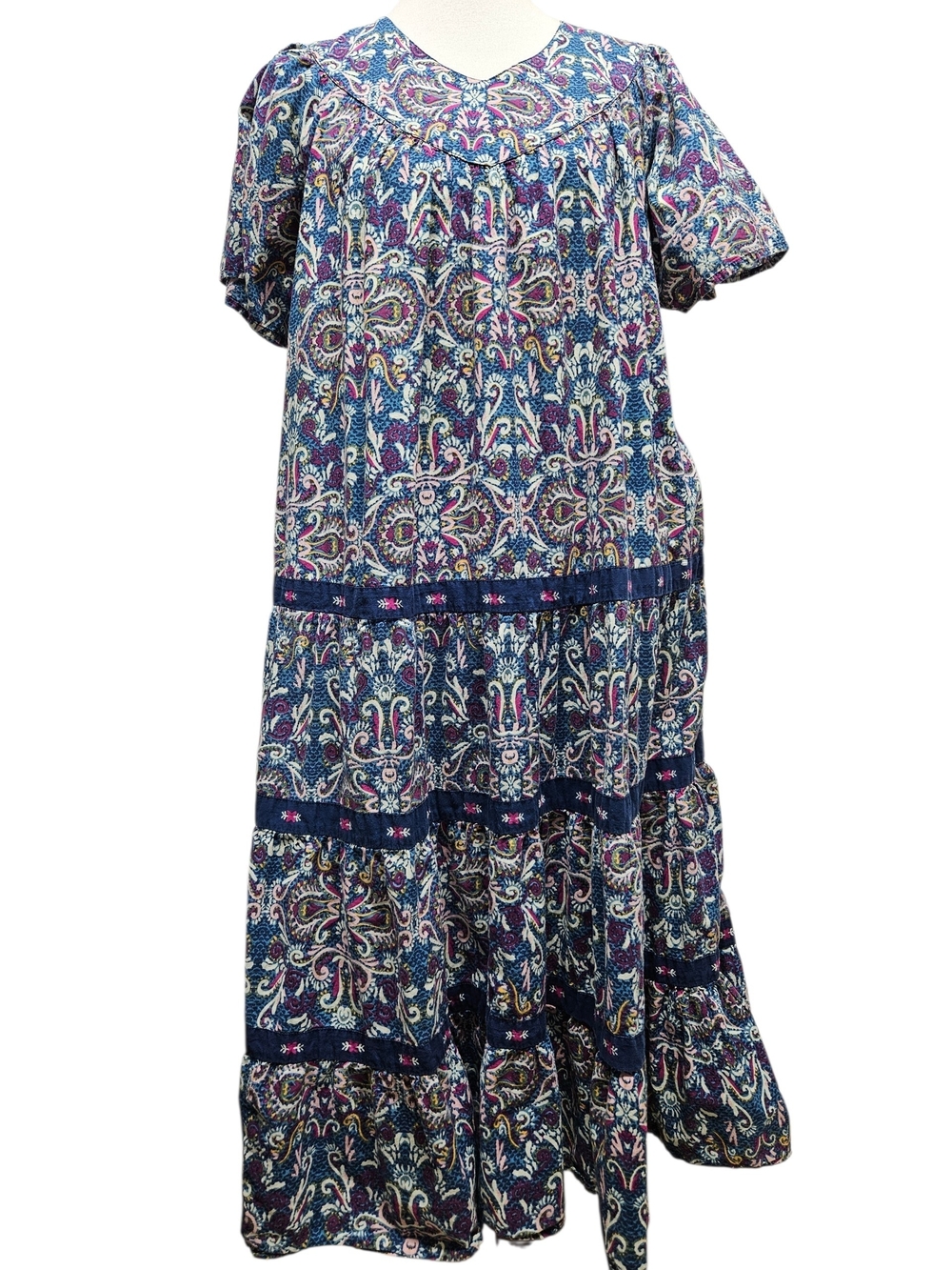 Vintage National Bohemian Navy Paisley Tiered Midi Dress Size L Grandmacore